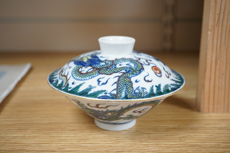 A Chinese Doucai bowl and cover, 14cm diameter. Condition - good